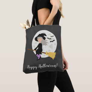 Cute Cartoon Witch Girl & Happy Halloween Text Tote Bag