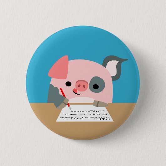 Cute Cartoon Writing Pig Button Badge (Voorkant)
