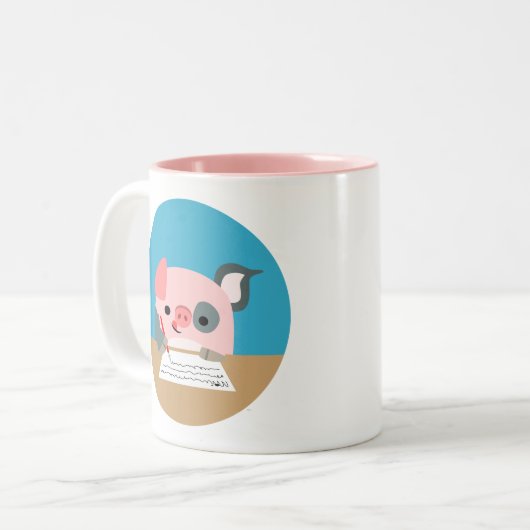 Cute Cartoon Writing Pig Tweekleurige Koffiemok (Voorkant links)