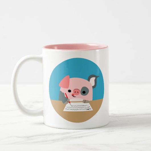 Cute Cartoon Writing Pig Tweekleurige Koffiemok (Links)