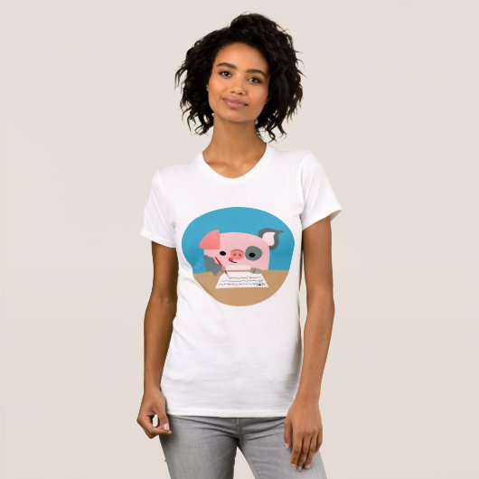 Cute Cartoon Writing Pig Women T-Shirt (Voorkant volledig)