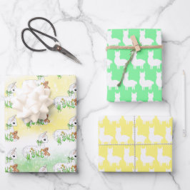 Cute Cartoon Yellow en Green Llama Inpakpapier Vel