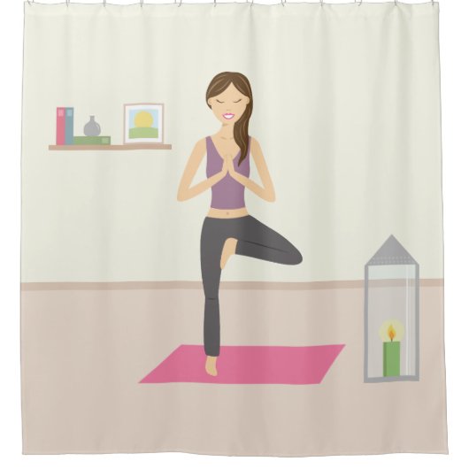 Cute Cartoon Yoga Woman in Tree Pose Douchegordijn (Voorkant)