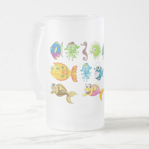 Cute Cartoon Zeeleven & Kleurrijke Vis Frosted  Matglas Bierpul