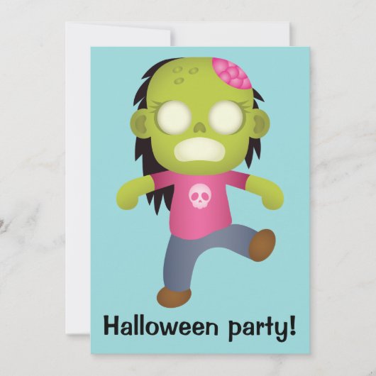 Cute Cartoon Zombie Girl Halloween Party Kaart (Voorkant)