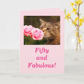 Cute Cat 50 en Fabulous Birthday Kaart (Gele Bloem)