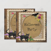 Cute Cat and Bat  Halloween Party Kaart (Voorkant / Achterkant)