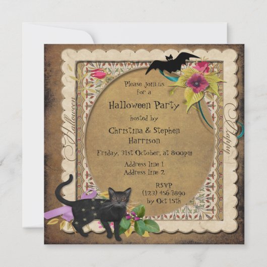 Cute Cat and Bat  Halloween Party Kaart (Achterkant)