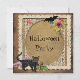 Cute Cat and Bat  Halloween Party Kaart