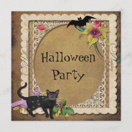 Cute Cat and Bat Halloween Party Kaart
