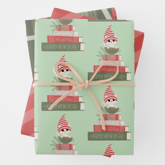 Cute Cat and Book Kerstmis Inpakpapier Vel (In situ)