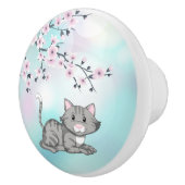 Cute Cat and Cherry Blossom Turquoise Girls Keramische Knop (Rechts)