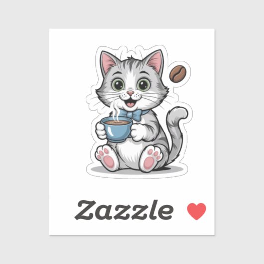 Cute Cat and Coffee Morning Vibes for Cat Lovers Sticker (Vel)