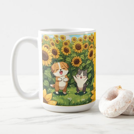 Cute Cat and Dog Sunflower Field Mug Koffiemok (Met donut)