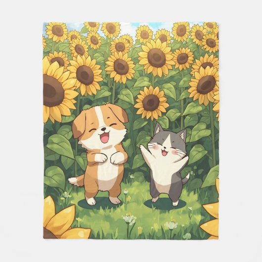 Cute Cat and Dog Sunflower Fleece Blanket (Voorkant)