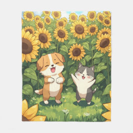 Cute Cat and Dog Sunflower Fleece Blanket Deken