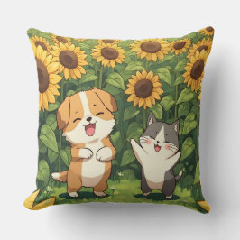 Cute Cat and Dog Sunflower Throw Pillow Kussen