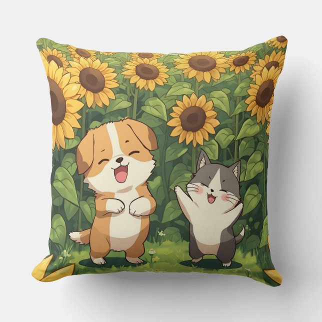 Cute Cat and Dog Sunflower Throw Pillow Kussen (Voorkant)