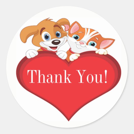Cute Cat and Dog with Heart Thank You Ronde Sticker (Voorkant)