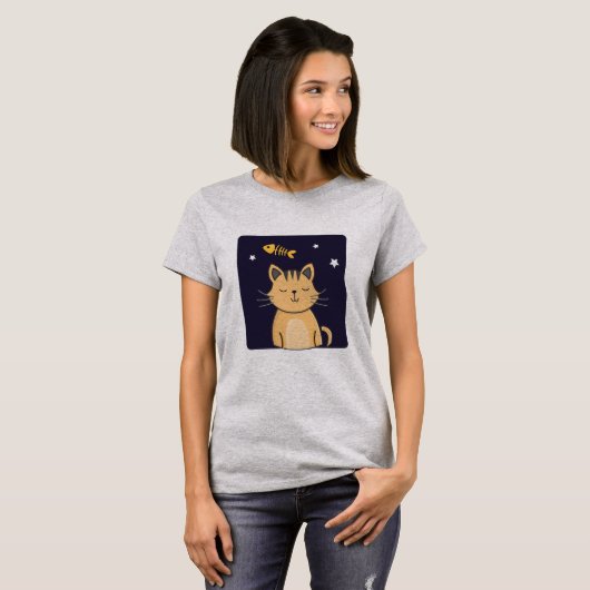 Cute Cat and Fish Dreams T-Shirt, Cat Lovers T-shirt (Voorkant volledig)
