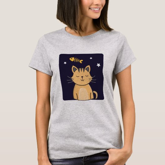 Cute Cat and Fish Dreams T-Shirt, Cat Lovers T-shirt (Voorkant)