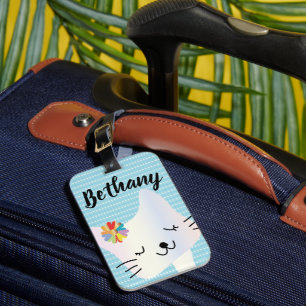 Cute Cat and Flowers Dotty Personalized Bagagelabel