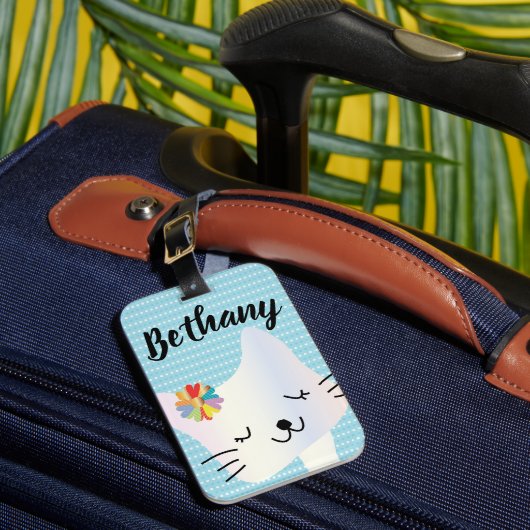 Cute Cat and Flowers Dotty Personalized Bagagelabel (Voorkant Insitu 1)