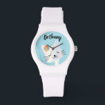 Cute Cat and Flowers Dotty Personalized Horloge<br><div class="desc">Een zoete smiley kattengezicht op een pasteldotty achtergrond.</div>