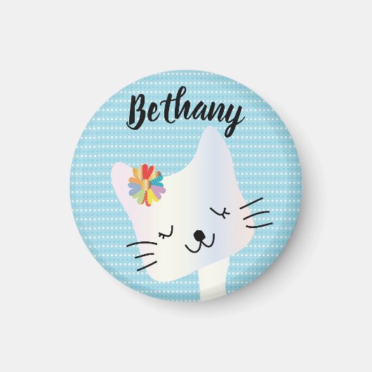 Cute Cat and Flowers Dotty Personalized Magneet (Voorkant)
