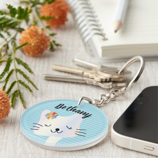 Cute Cat and Flowers Dotty Personalized Sleutelhanger (Voorkant Rechts)