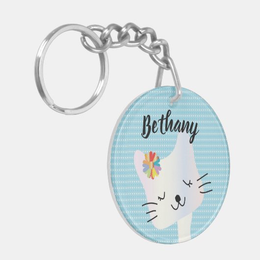 Cute Cat and Flowers Dotty Personalized Sleutelhanger (Voorkant Links)