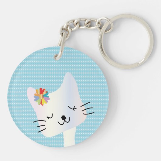 Cute Cat and Flowers Dotty Personalized Sleutelhanger (Achterkant)