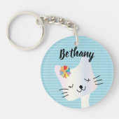 Cute Cat and Flowers Dotty Personalized Sleutelhanger (Voorkant)