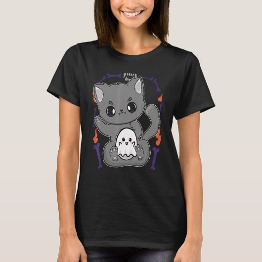 Cute Cat And Ghosts For Cute Horror Fans T-shirt (Voorkant)