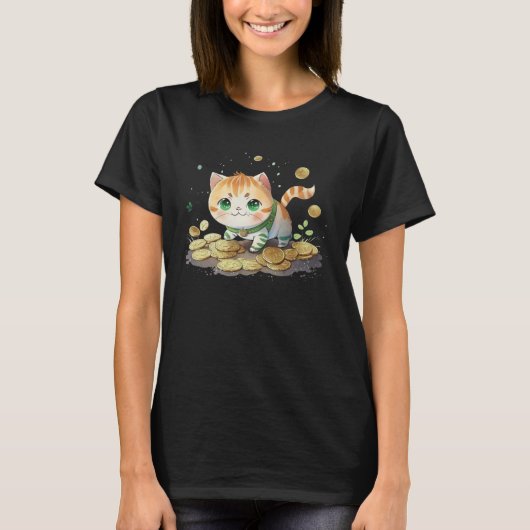 Cute Cat and Gold Coins St Patrick s Day Cat 2 T-shirt (Voorkant)