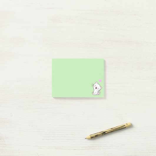 Cute Cat and Heart on Light Green Post-it® Notes (Op bureau)