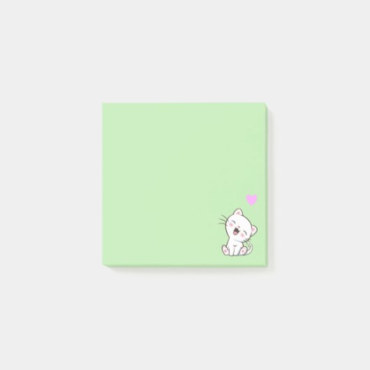 Cute Cat and Heart on Light Green Post-it® Notes (Voorkant)