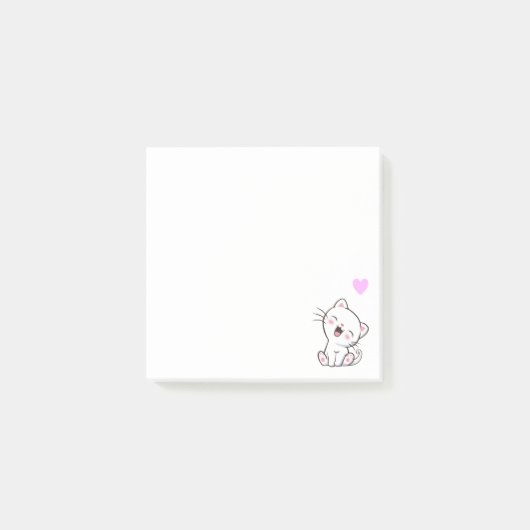 Cute Cat and Heart on White Post-it Notes (Voorkant)