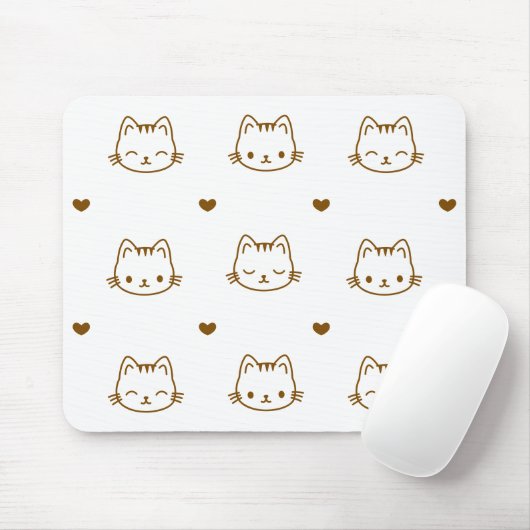 Cute Cat and Heart Pattern Brown on White Muismat (Met muis)