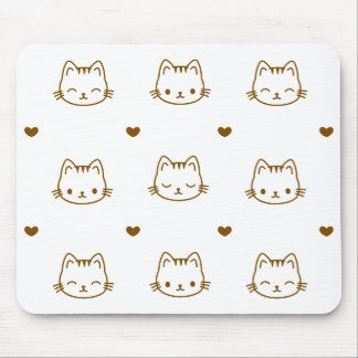 Cute Cat and Heart Pattern Brown on White Muismat