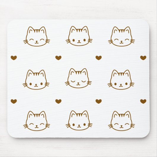 Cute Cat and Heart Pattern Brown on White Muismat (Voorkant)