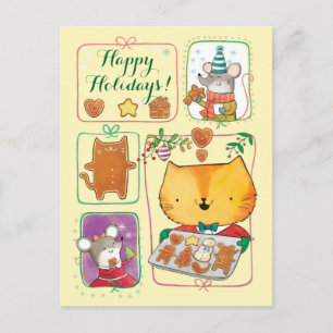 Cute Cat and Mice Merry Christmas Postcards Feestdagenkaart