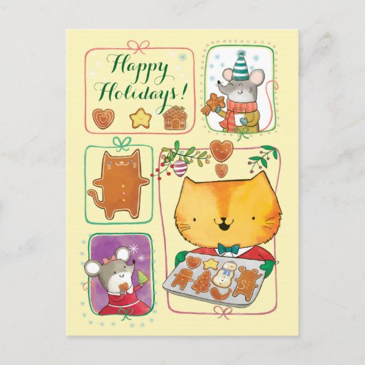 Cute Cat and Mice Merry Christmas Postcards Feestdagenkaart (Voorkant)