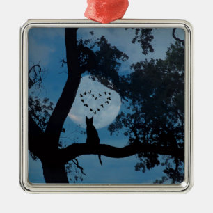 Cute Cat and Moon with Birds Heart Ceramic Ormenas Metalen Ornament