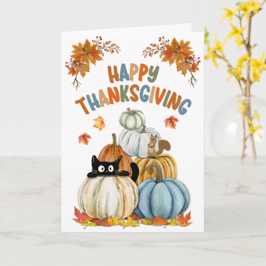 Cute Cat and Retro Pumpkins Happy Thanksgiving  Kaart (Gele Bloem)
