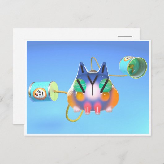 Cute cat and tin can telephone made from soup cans briefkaart (Voorkant / Achterkant)