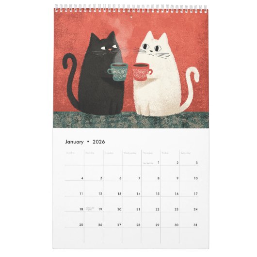 Cute Cat Art | Cats Chillin with Coffee 2026 Wall Kalender (Jan 2026)