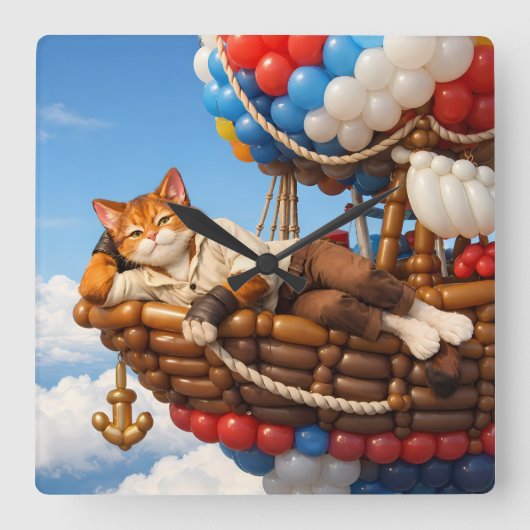 Cute Cat Balloon Kids Room Wall Clock Decor Vierkante Klok (Voorkant)