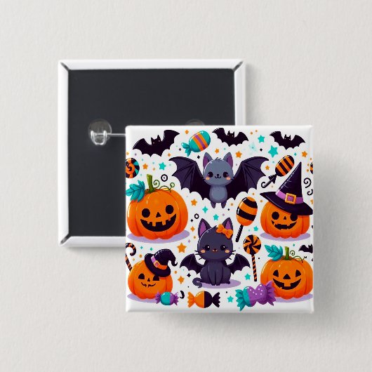 Cute cat bat halloween party vierkante button 5,1 cm (Voorkant /achterkant)
