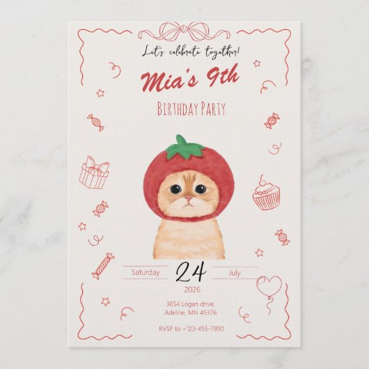 Cute Cat Birthday Invitation | Kid Birthday Invita Kaart (Voorkant)